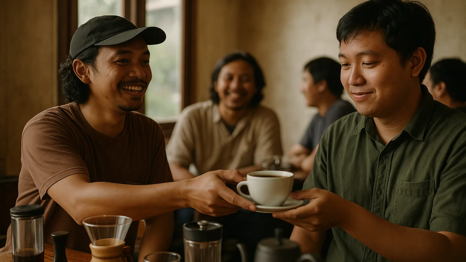 Anggota klub kopi menyodorkan secangkir kopi yang baru diseduh kepada teman yang ia ajak ke sesi seduh manual