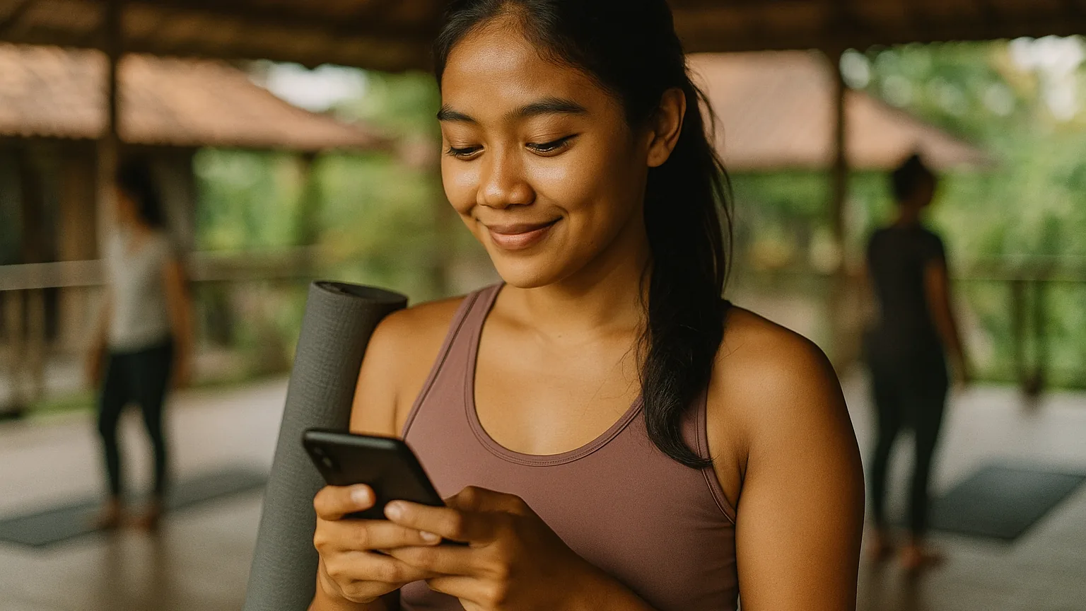 A yoga studio member reading a renewal email on her phone while rolling up her mat after class