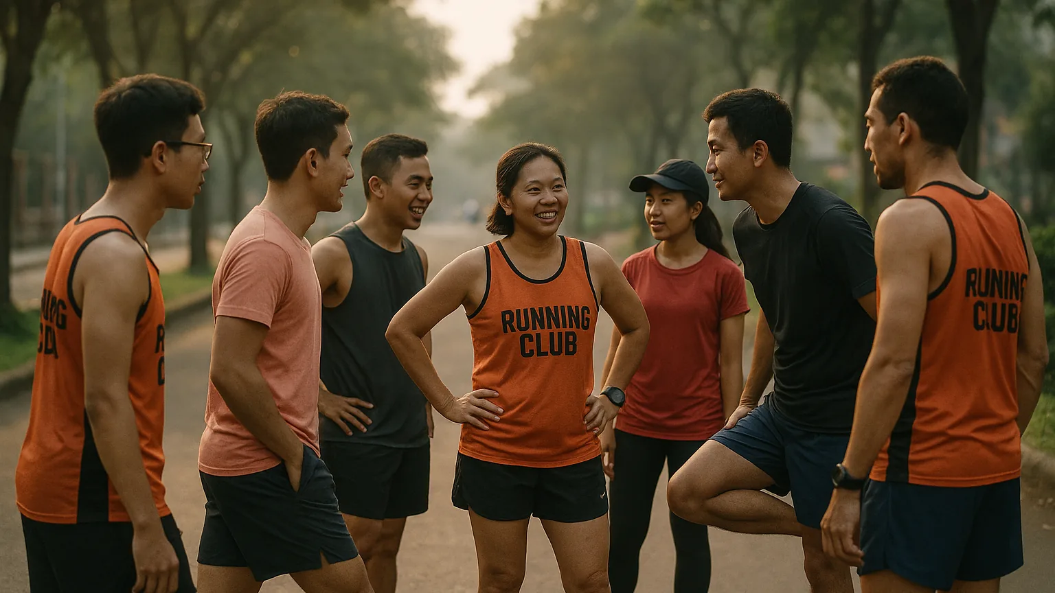 Members of a running club gathering before a morning run, some in matching club singlets