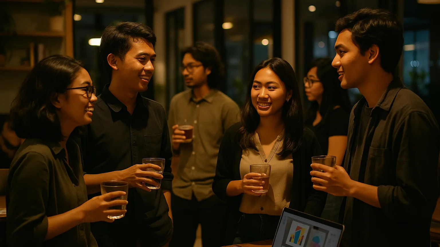Members of a professional association networking at an evening event in a co-working space