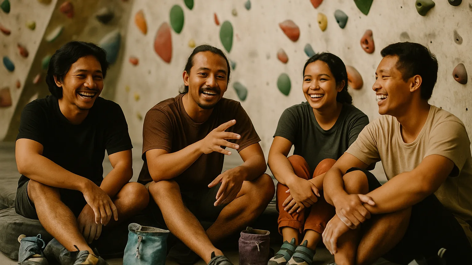 Climbers sitting on crash pads chatting and resting between attempts at an indoor bouldering wall