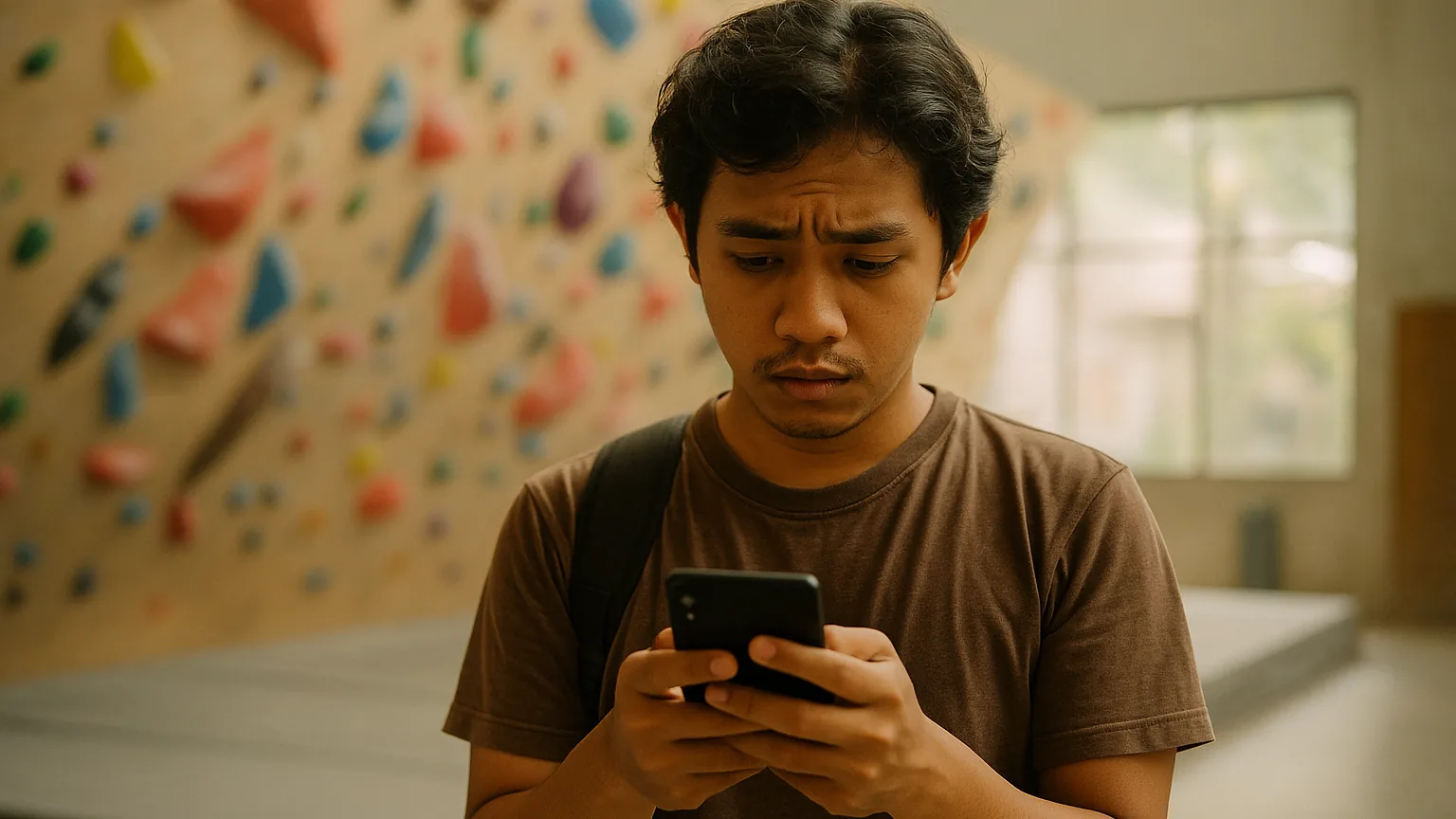 A prospective member reading a climbing club's join page on their phone at the base of a bouldering wall