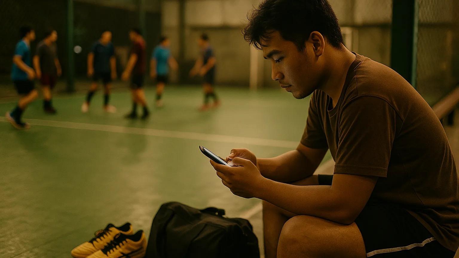 A new member reading a warm welcome message on their phone beside an indoor futsal court in Jakarta