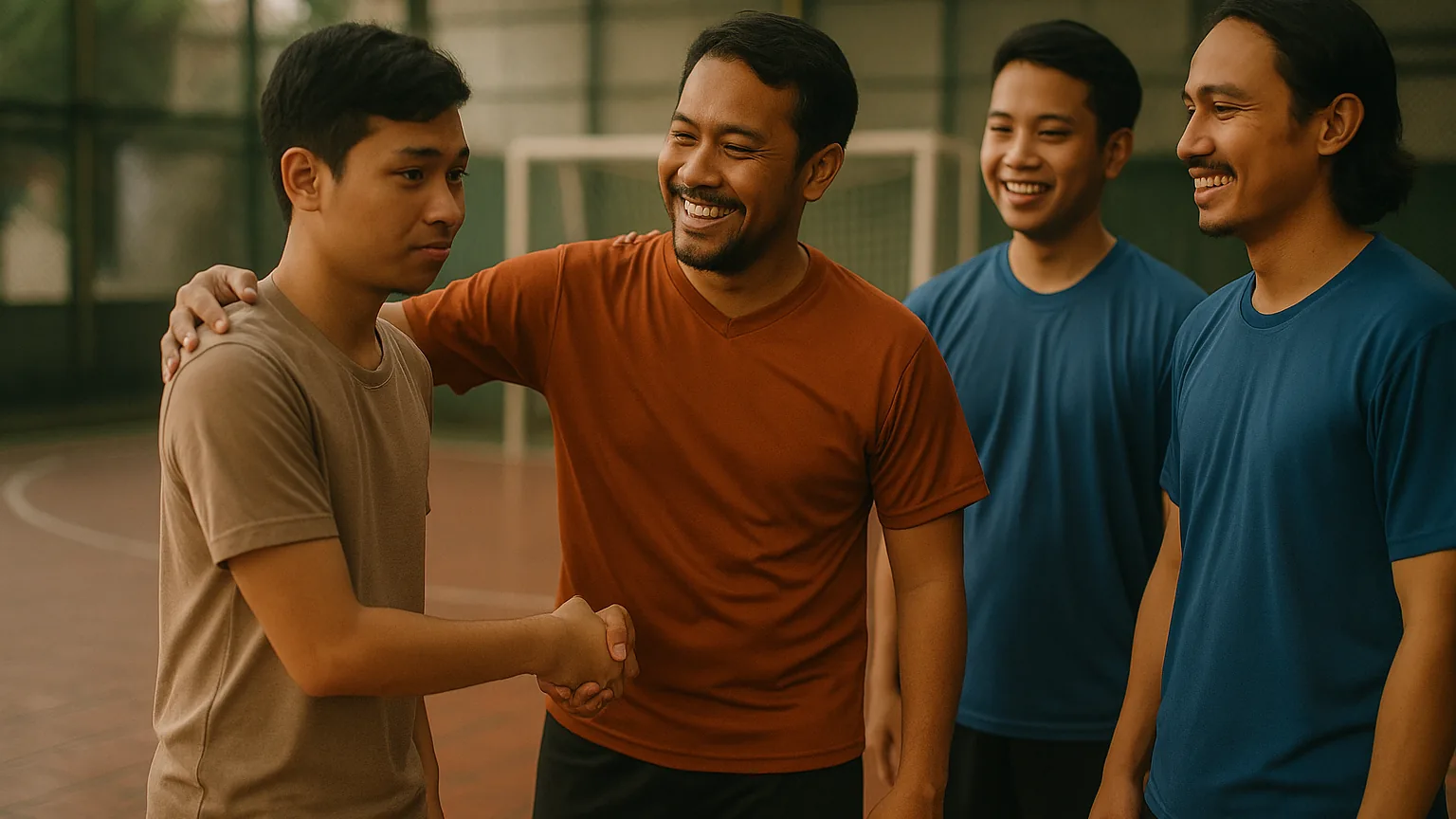 A futsal team captain introducing a nervous new member to a couple of other players before a match night