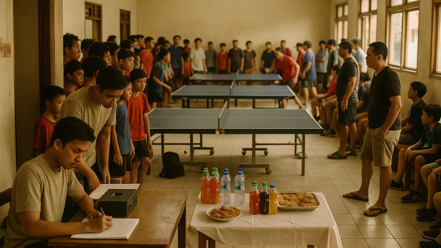 Spectators and players around tables at a community table tennis tournament, with a small entry desk near the door