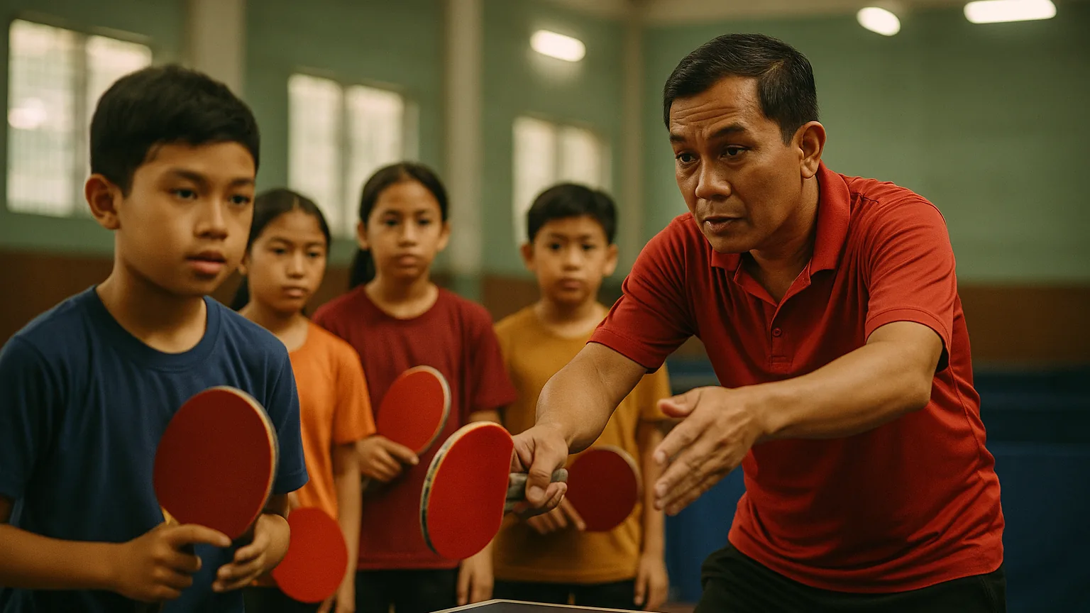 A coach guiding a group of young players through a table tennis drill at an indoor sports hall