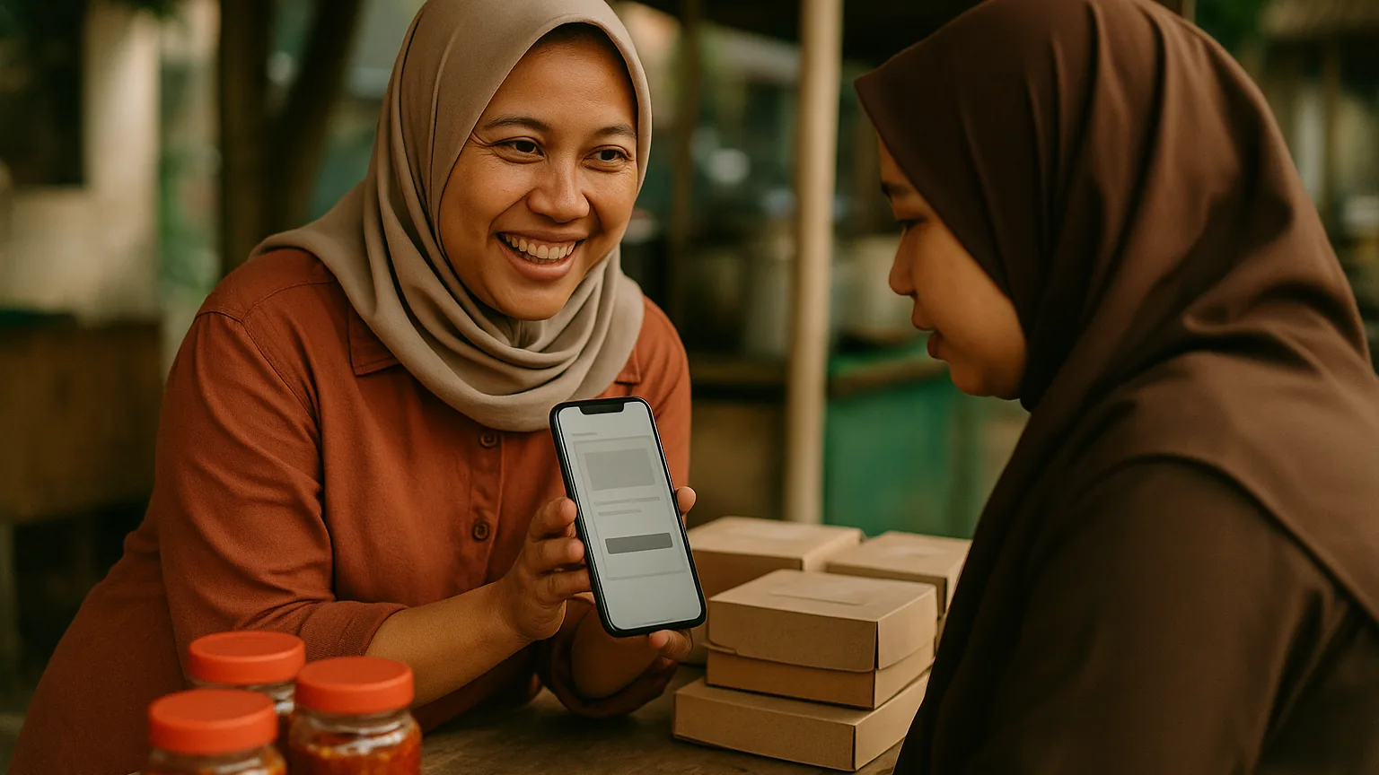 Seorang pengurus komunitas menunjukkan situs satu halaman kepada calon anggota lewat ponsel di sebuah lapak makanan