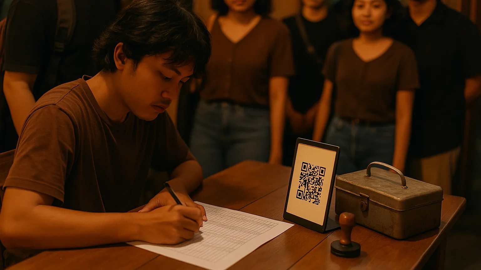 A volunteer at the door of a small gig checking a name off a printed list while a QRIS standee sits on the table