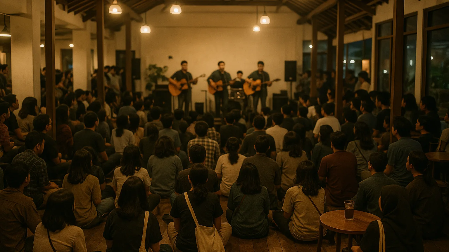 A small packed upstairs cafe gig in Indonesia, a band playing to a warm crowd of a hundred or so people