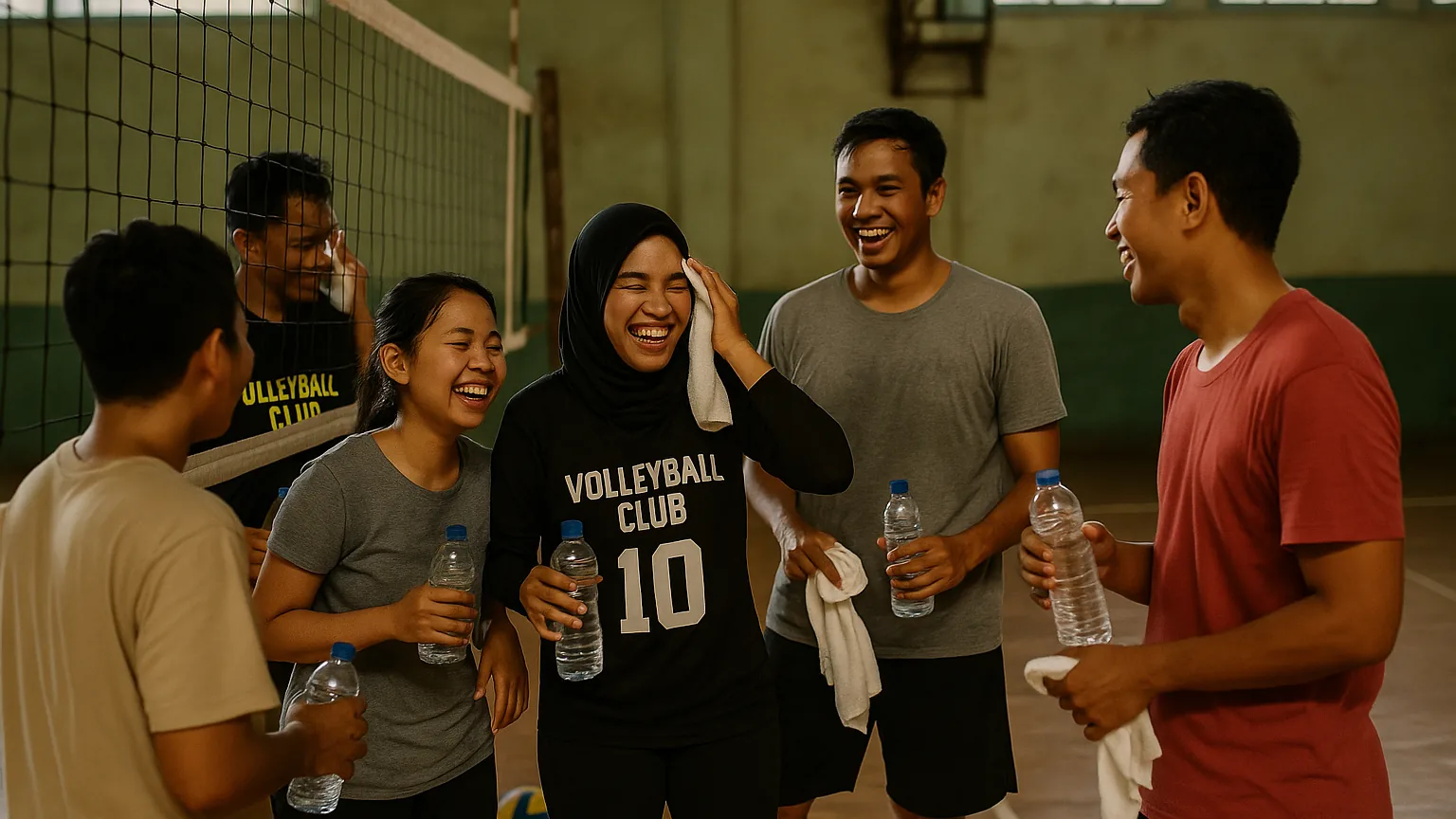 Campuran pemain voli tetap dan pemain lepas mengobrol bersama seusai bermain di dekat net di sebuah GOR di Indonesia