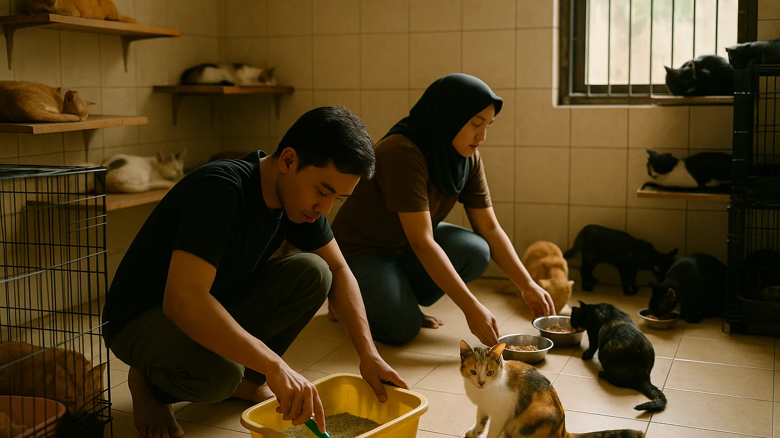 Dua relawan membersihkan dan memberi makan kucing selamatan di ruang kucing sebuah penampungan hewan