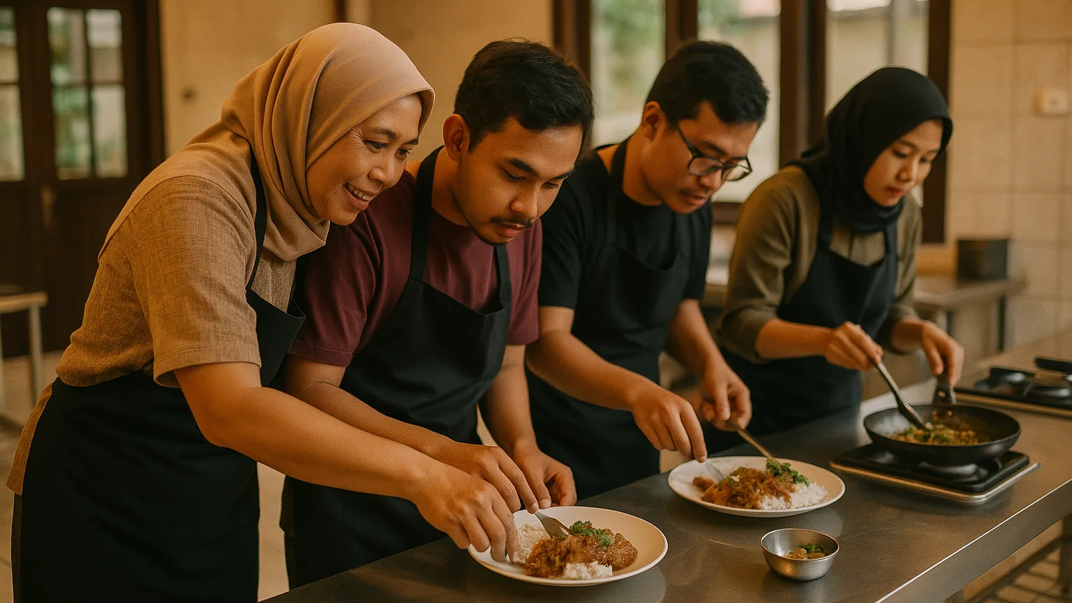 New members cooking together at a long kitchen bench during a community cooking class in Bandung