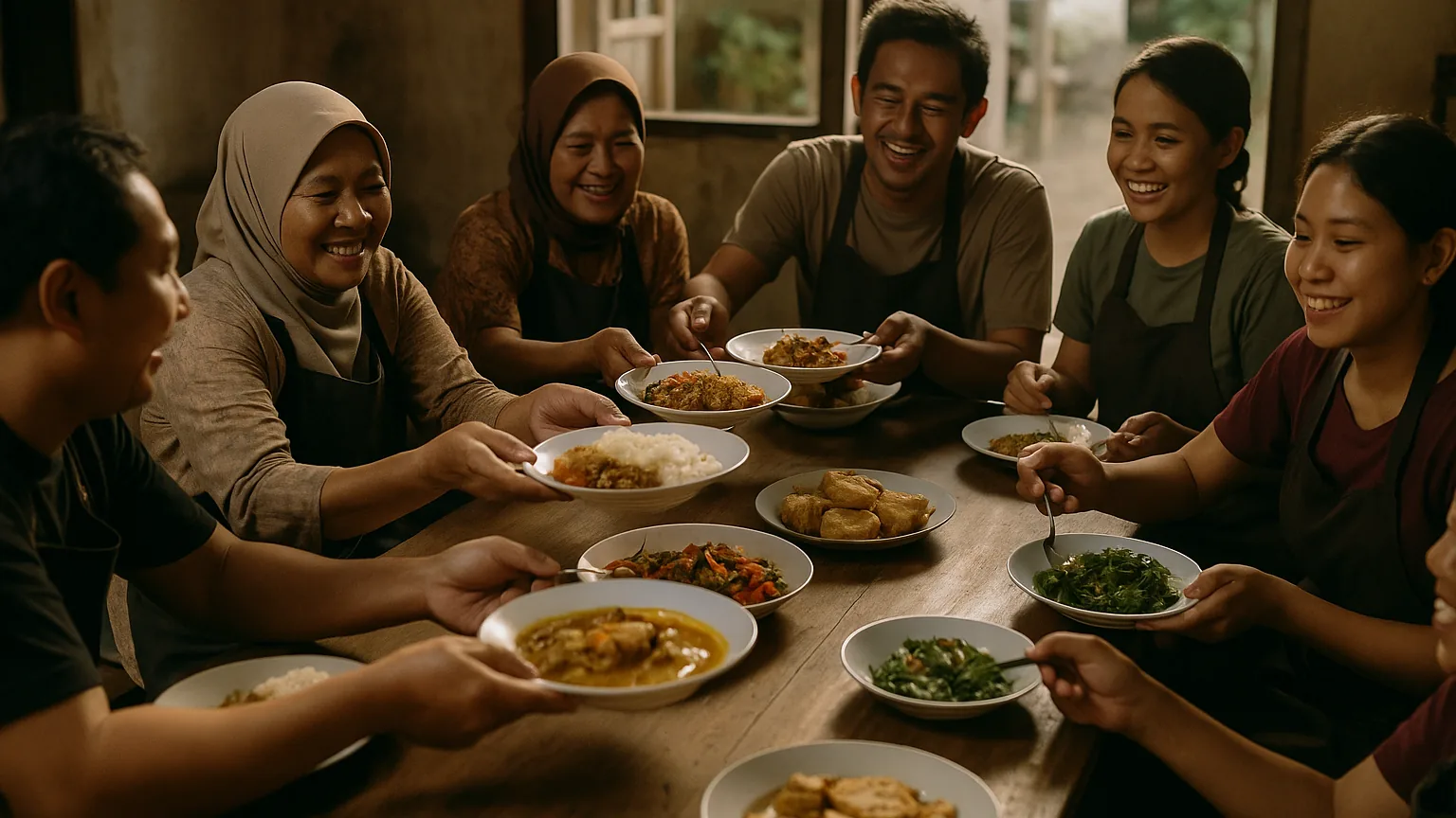 Members of a community cooking class sitting together at a long table sharing the food they cooked