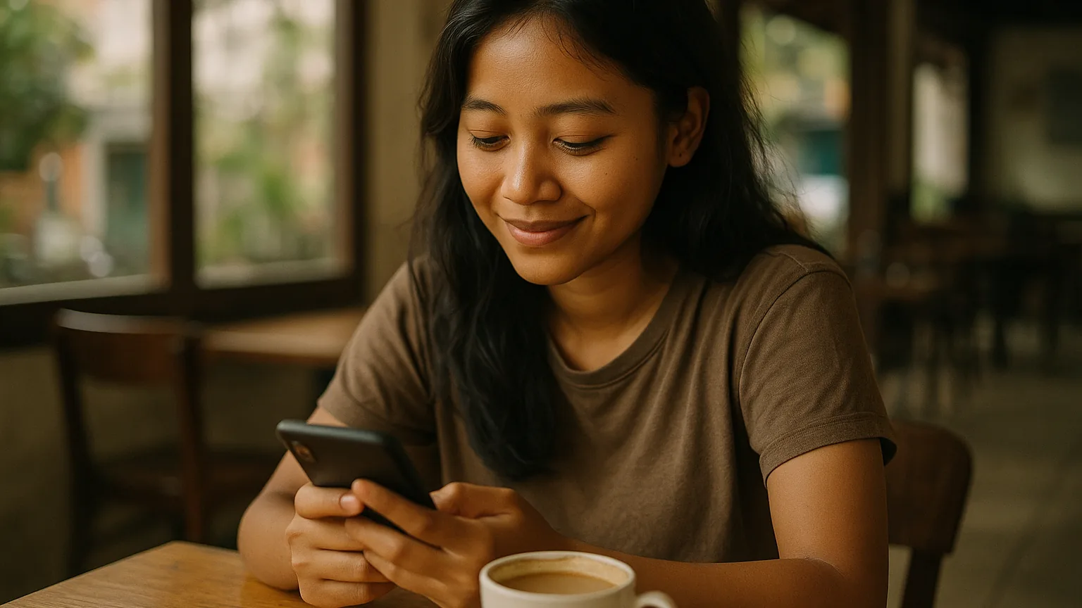 A new member reading a welcome message on their phone at a cafe