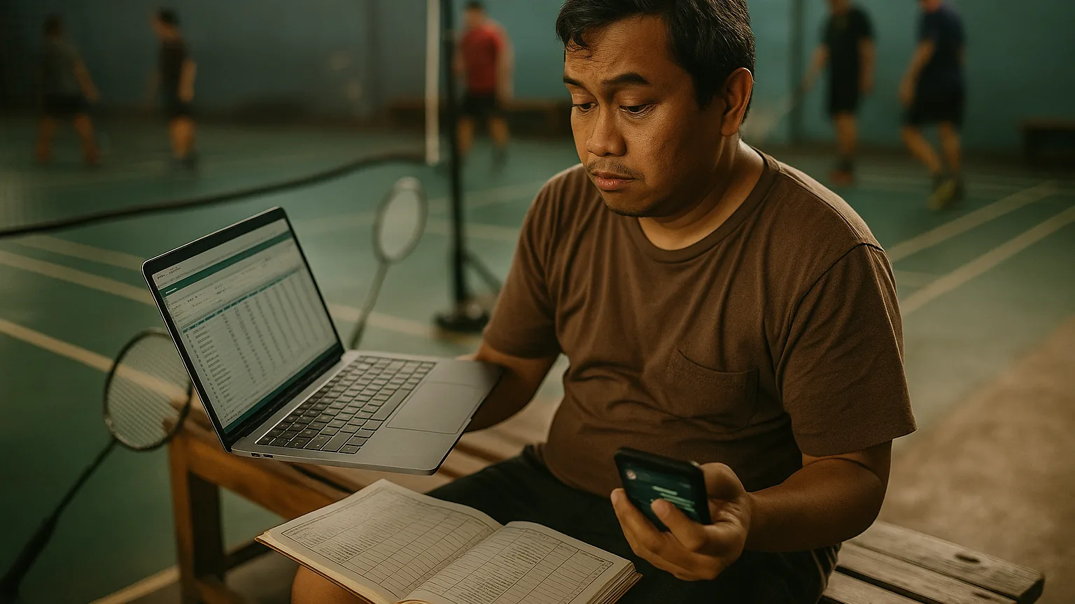 Pengurus liga bulutangkis komunitas di pinggir lapangan sibuk dengan laptop, buku catatan dan ponsel