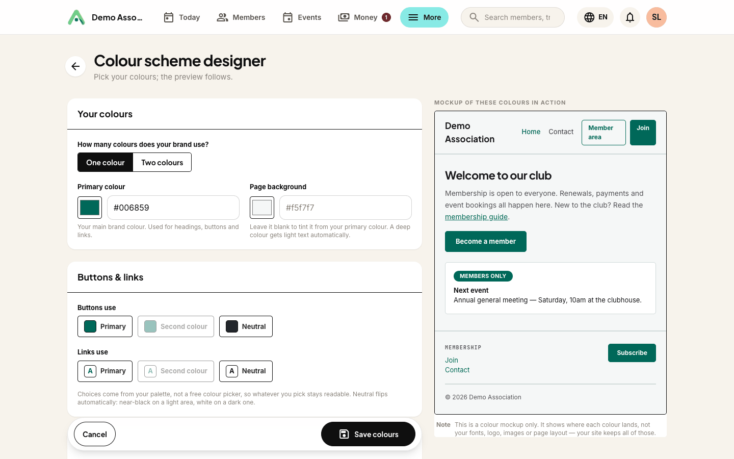 The designer - controls on the left, a live mock-up of your site beside them