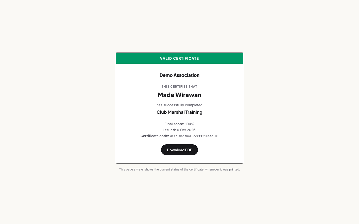 The public verification page - anyone with the link or the QR sees the live status