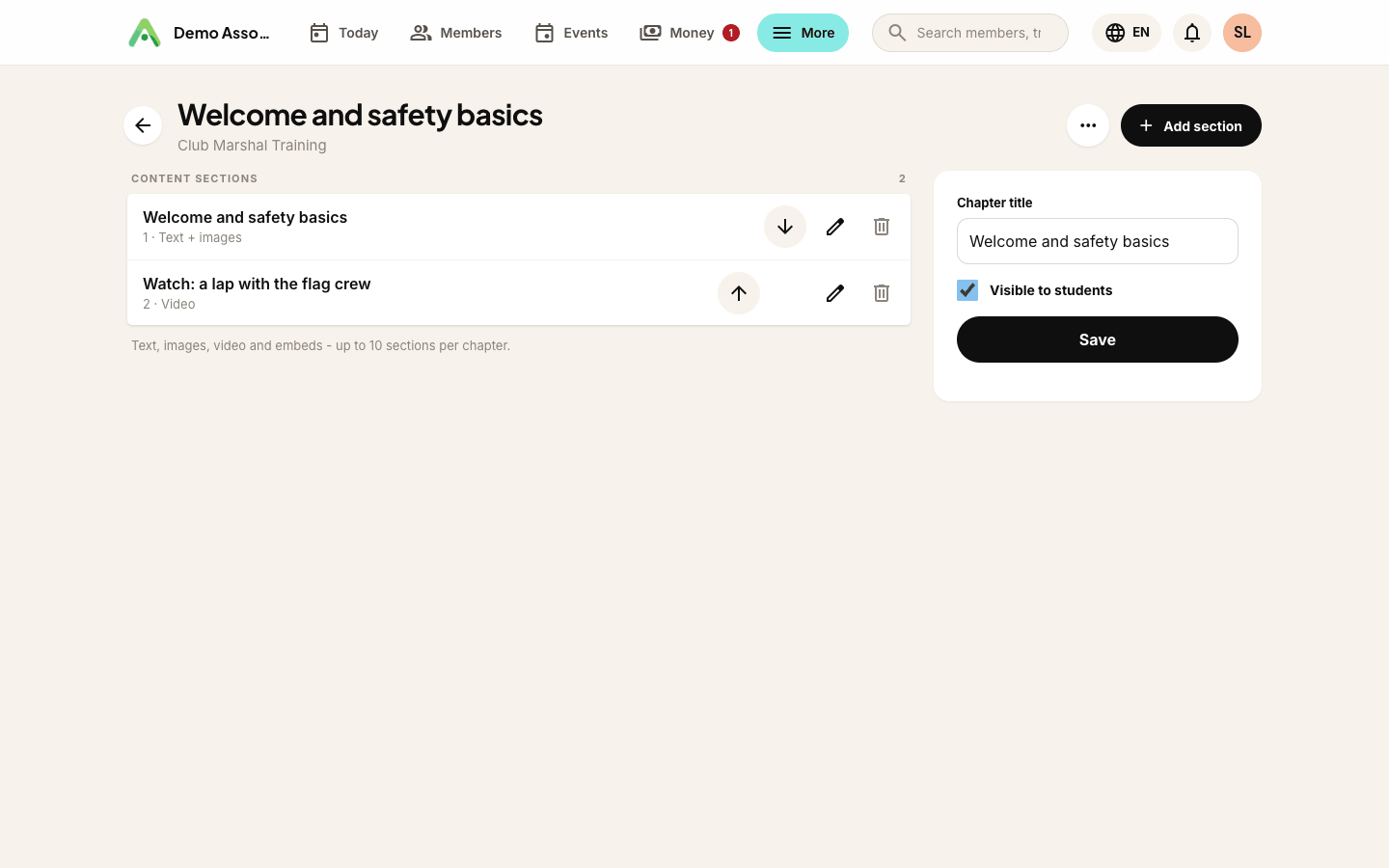 A chapter with a text section and a video - the same section editor as your website