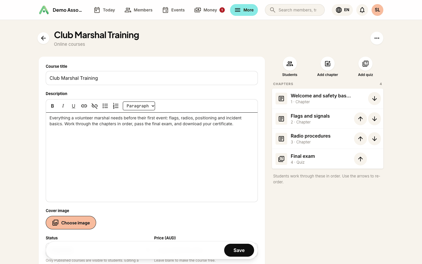 A course with its settings on the left and the ordered chapter list on the right