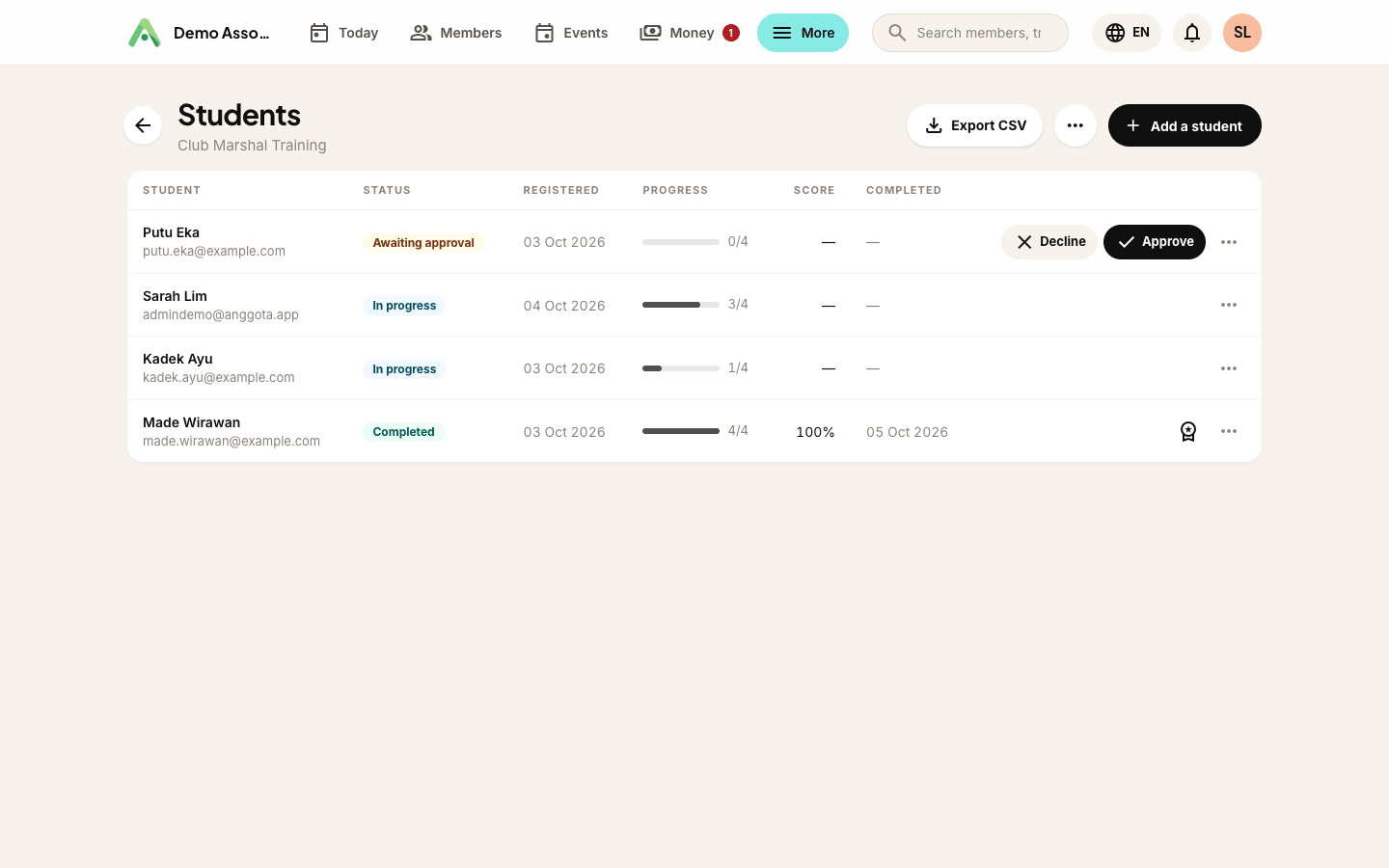 The Students screen: approve or decline pending sign-ups, track progress and scores