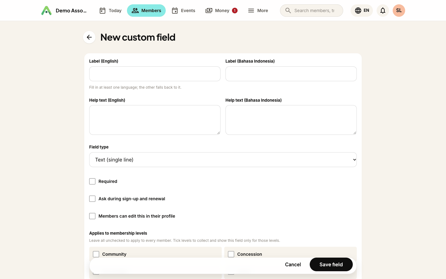 Defining a custom field - label, type, the collection rules, and which membership levels it applies to