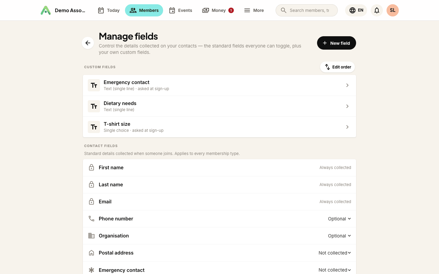 Your custom fields in the order members see them - drag the handle to reorder
