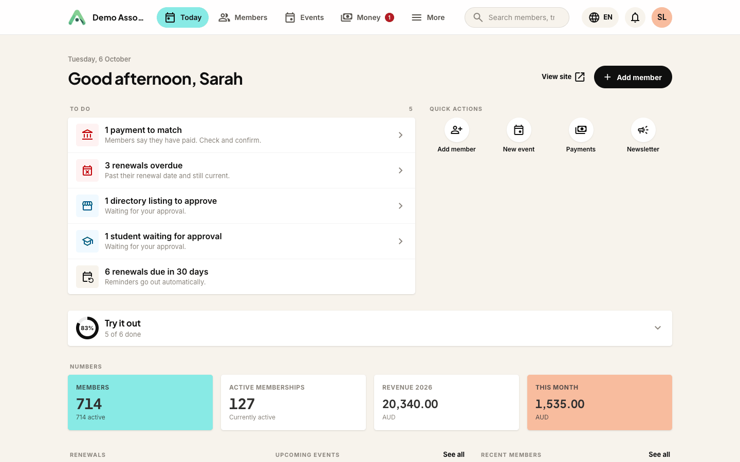 The Anggota workspace - the Today screen, with Today, Members, Events, Money and More along the top