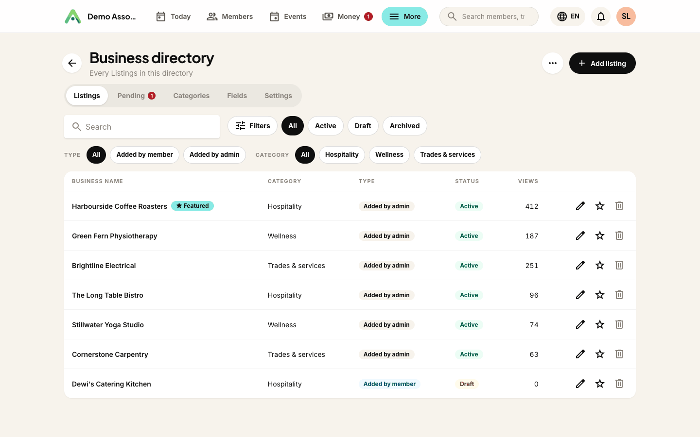 Inside a directory: the entries, with the tabs for pending approvals, categories, extra fields and settings