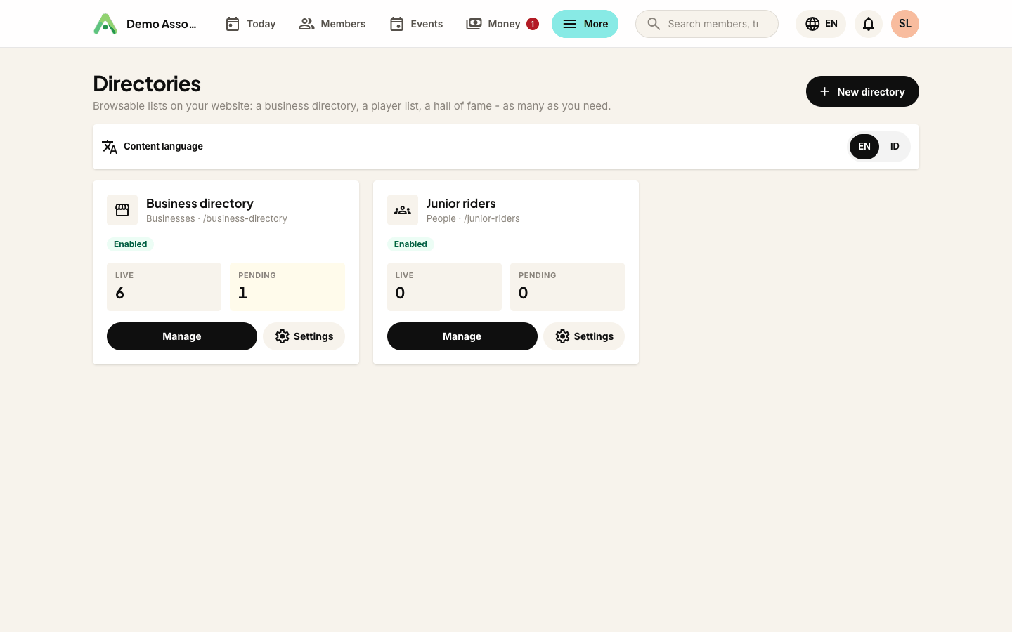 All your directories in one list, with the preset, live and pending counts, and the New directory form