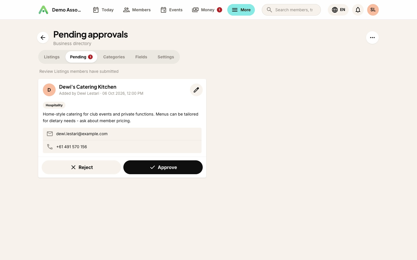 An entry a member added, waiting on the Pending approvals tab