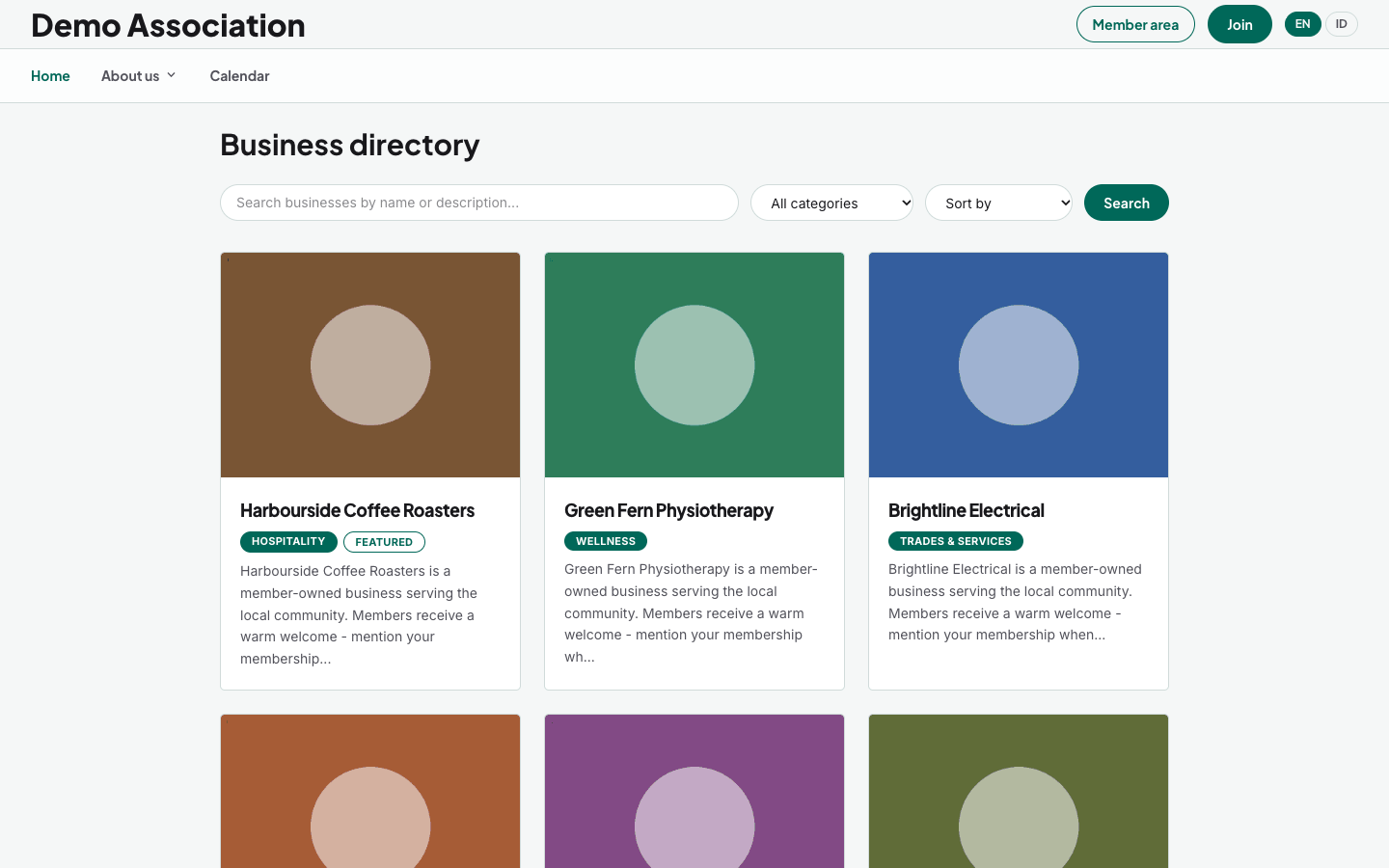 What visitors see: the directory on your public site, with search, categories and sorting