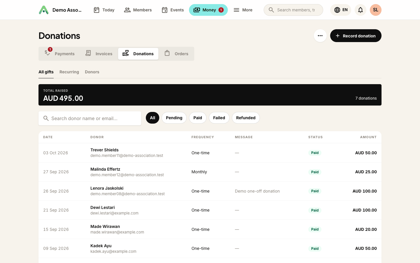 The donation list with totals, status filter and donor search