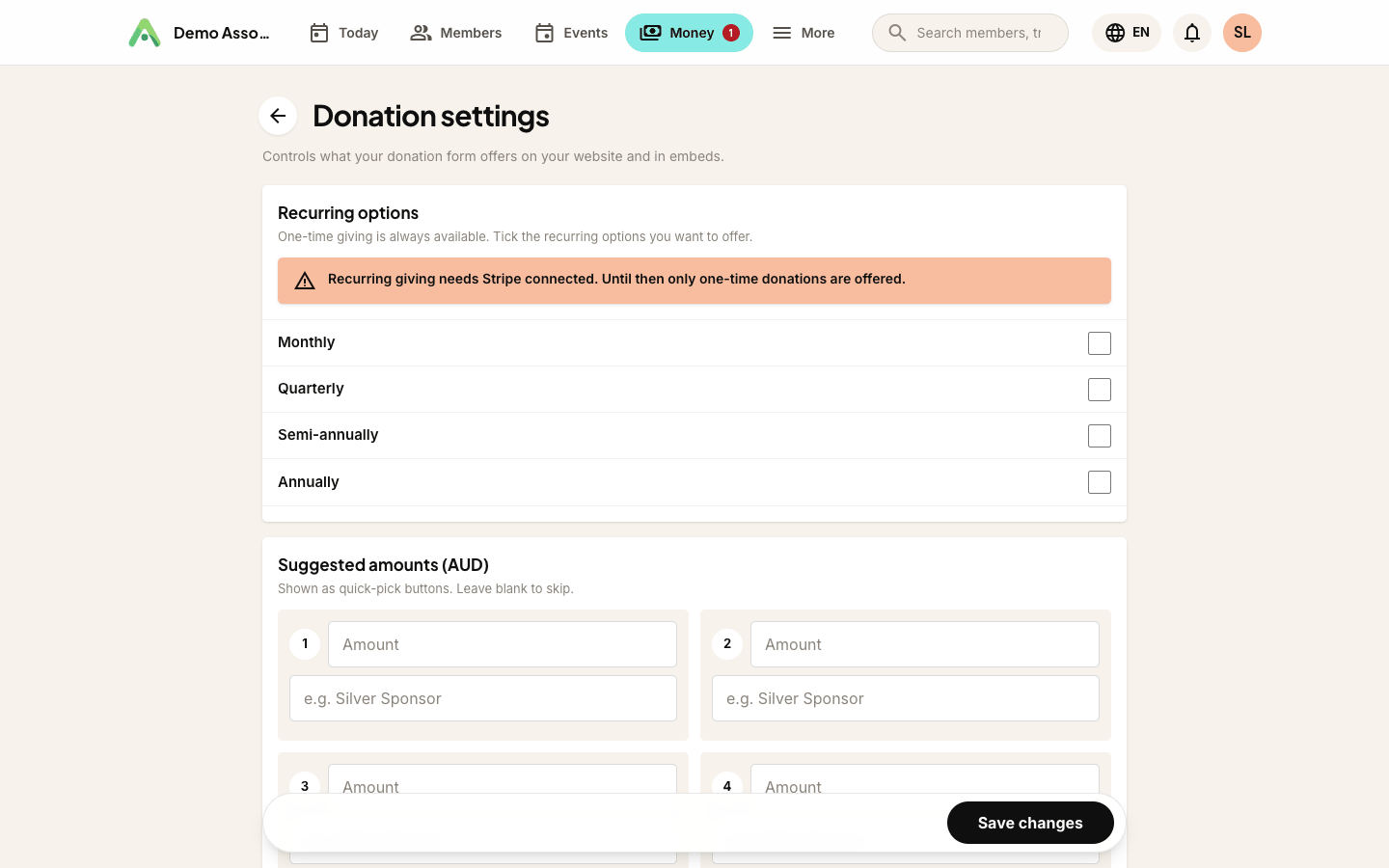 Donation settings - recurring options, suggested amounts and your own wording