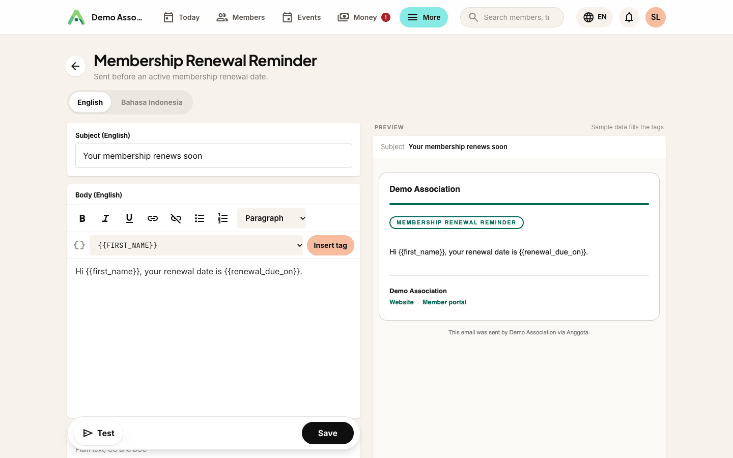 Editing a template - the insert-field menu offers only the tags relevant to that email