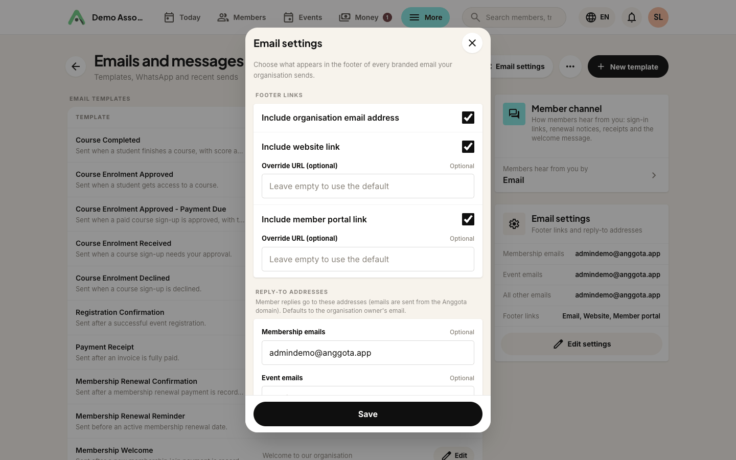 Reply-to addresses, set separately for membership, event and other emails