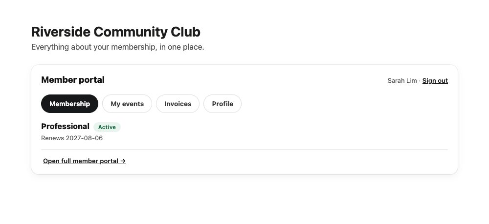 The Member Portal widget showing the Membership tab