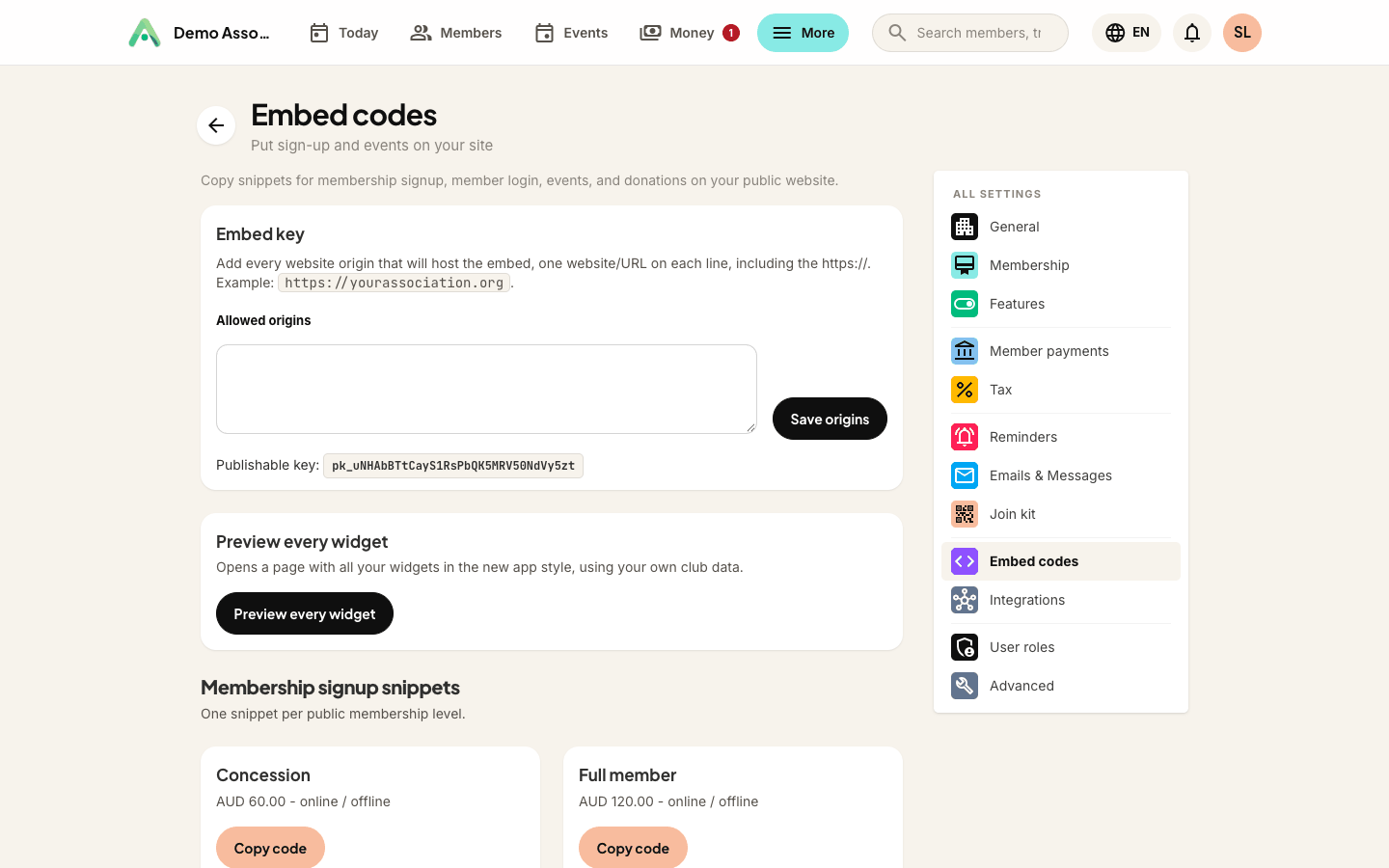 The Primary website setting on the Embed codes page