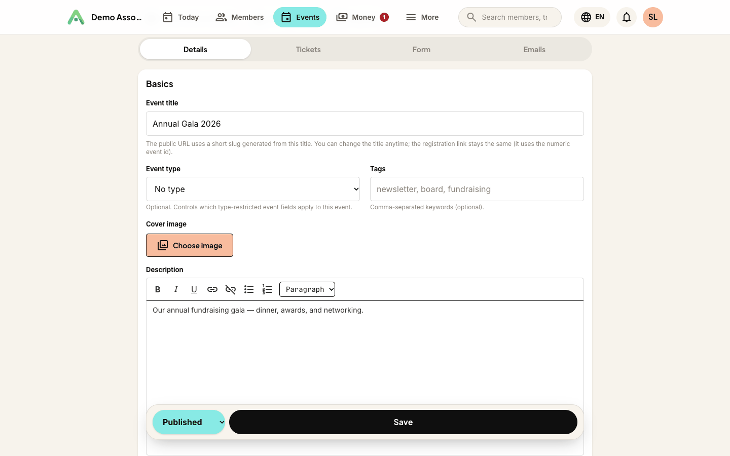The event form - tracking on, and an optional points credit for attending
