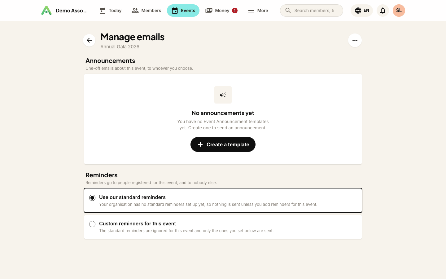 An event's Manage emails page: reminders and announcements