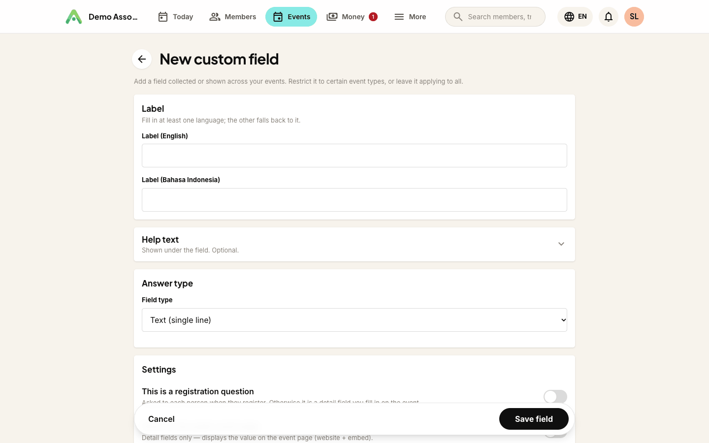 An event field, with the option to restrict it to certain event types