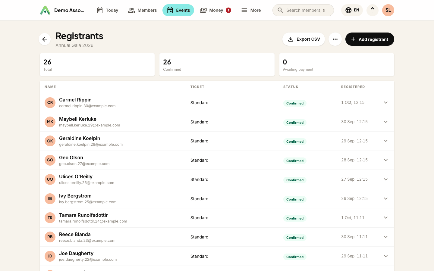 The registrants list for an event, with an Export CSV button