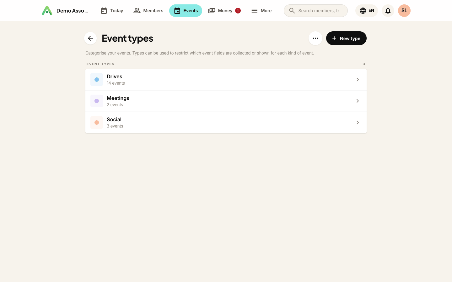 Your event types, each showing how many events use it