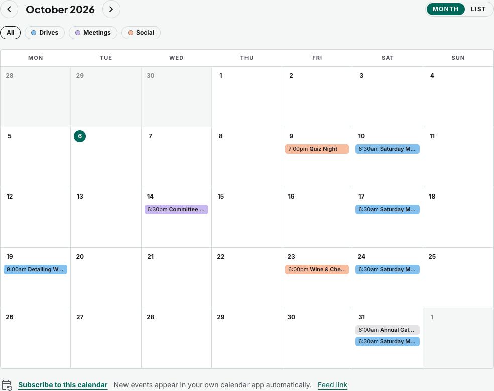 The month view: weeks start on Monday, each event type in its own colour