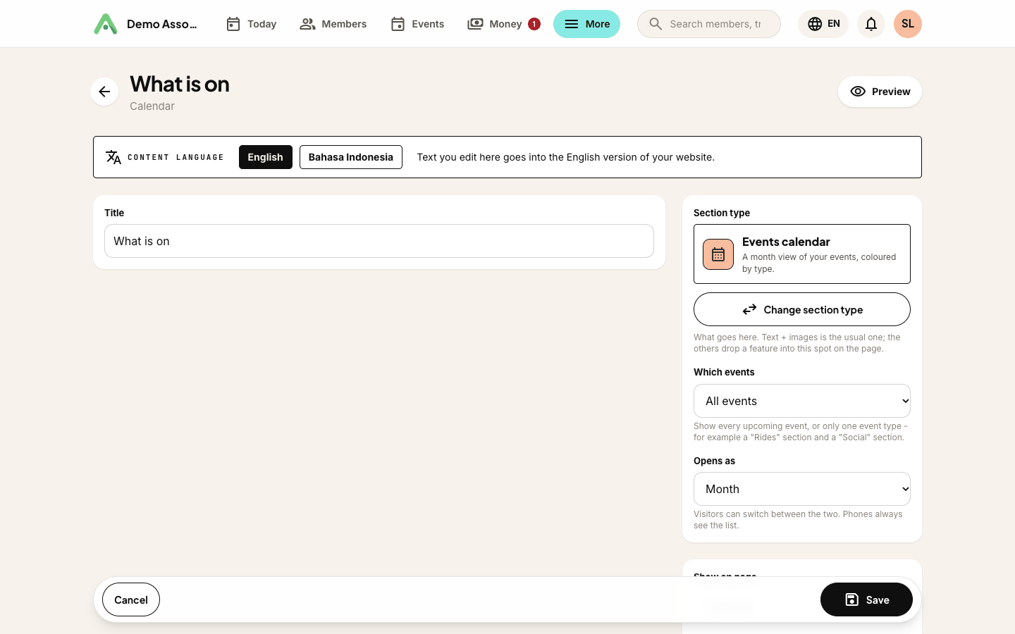 A section set to Events calendar, with Which events and Opens as