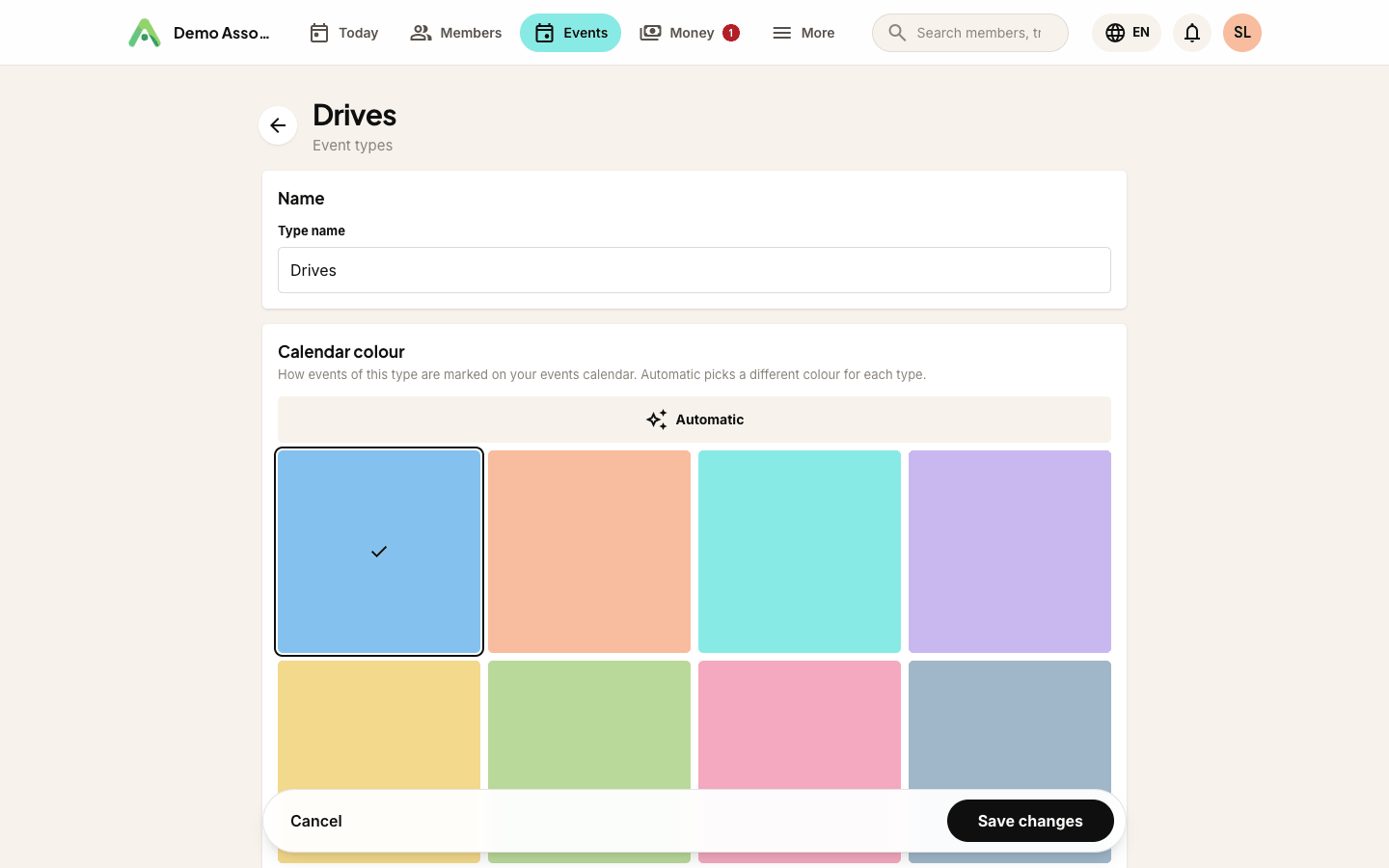 Choosing a calendar colour for an event type