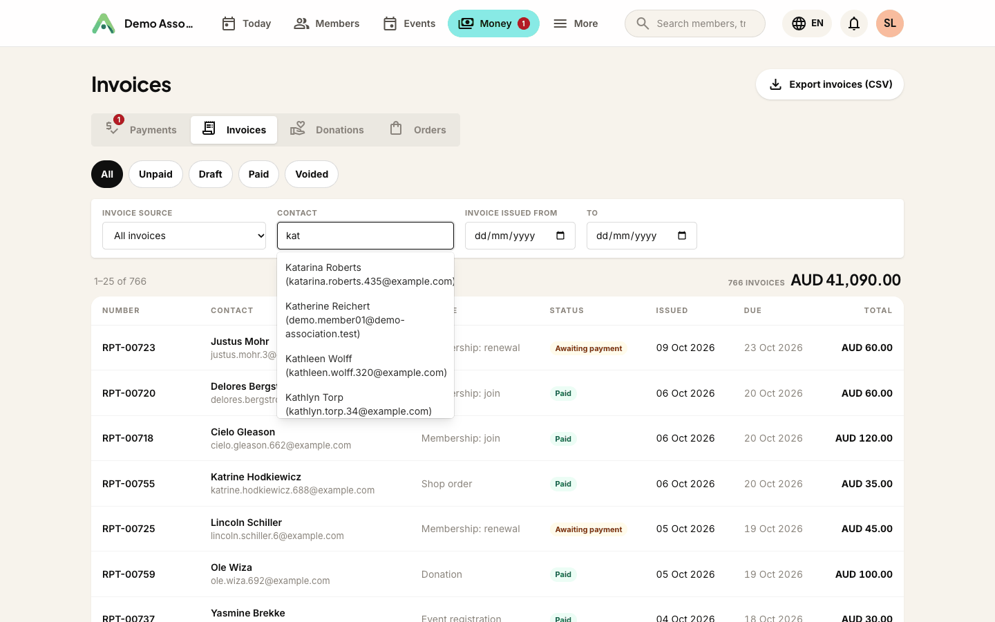 The contact filter on Money - type a name or email and choose the member