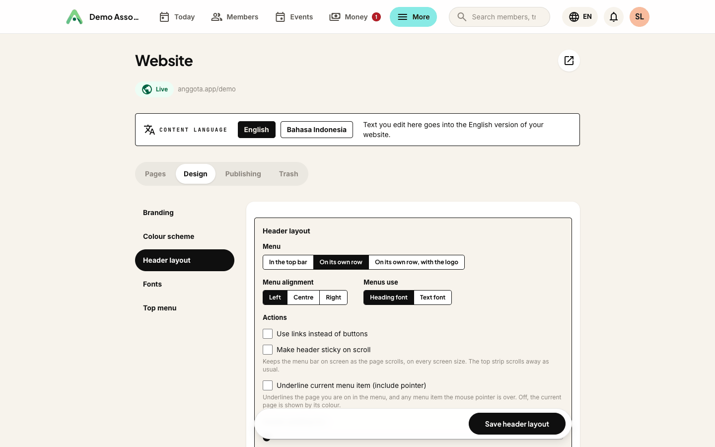 Header layout - menu placement, alignment and whether actions show as buttons or links