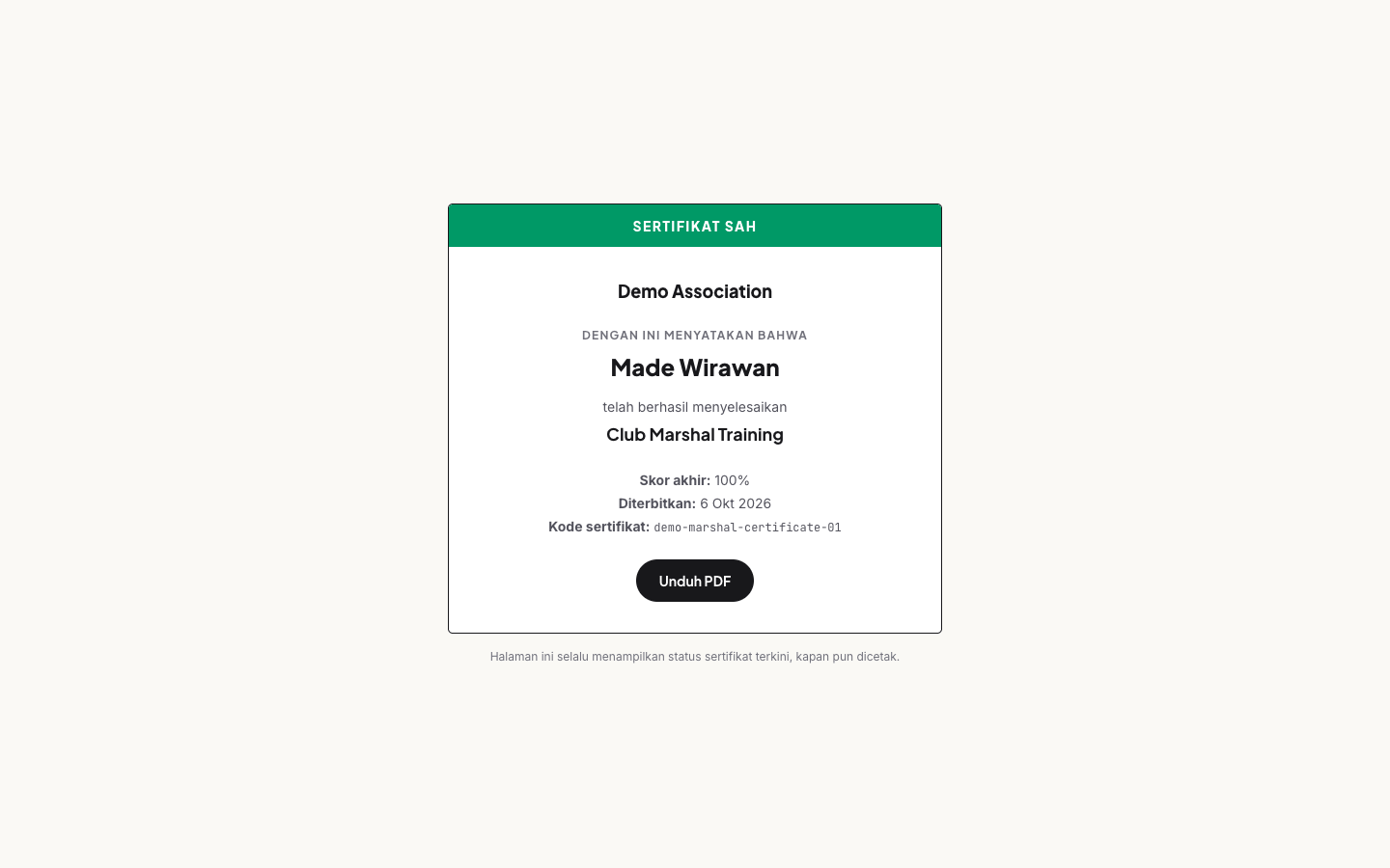 Halaman verifikasi publik - siapa pun dengan tautan atau QR melihat status terkini