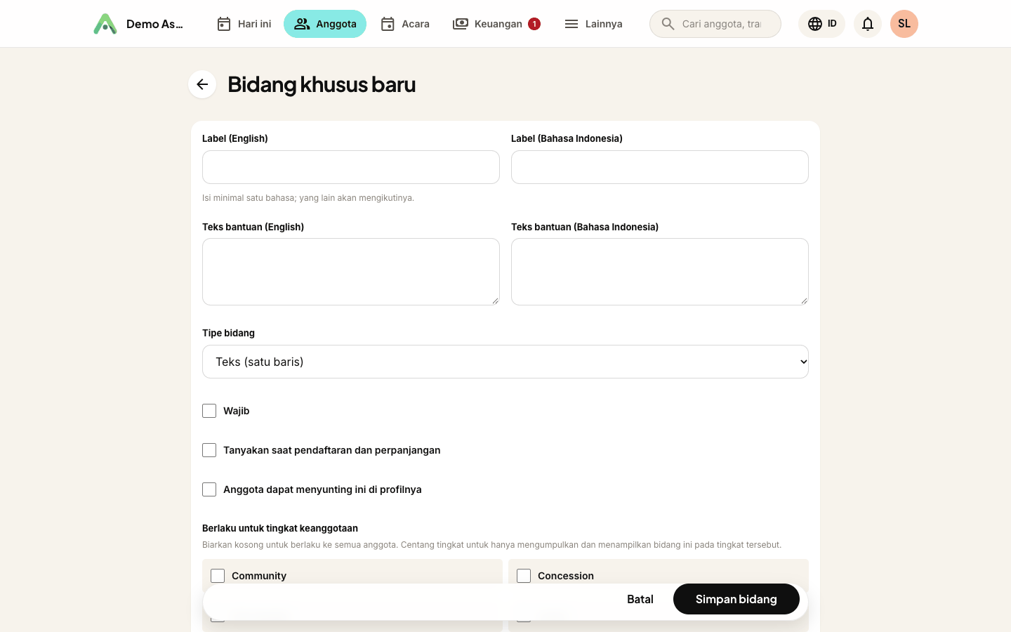 Menentukan bidang khusus - label, tipe, aturan pengumpulan, dan tingkat keanggotaan mana yang berlaku