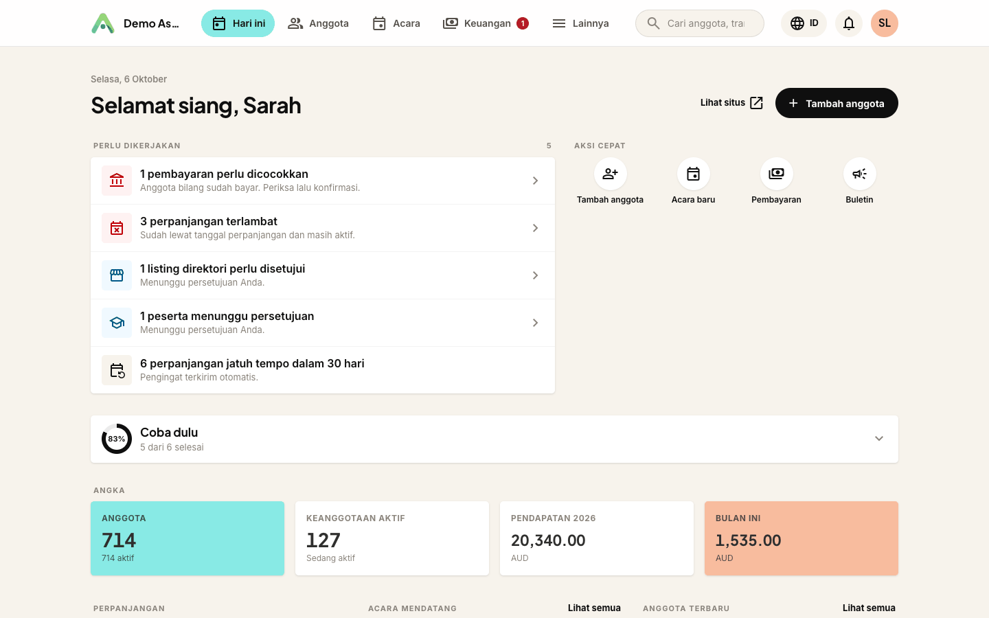 Ruang kerja Anggota - layar Hari ini, dengan Hari ini, Anggota, Acara, Keuangan, dan Lainnya di bagian atas